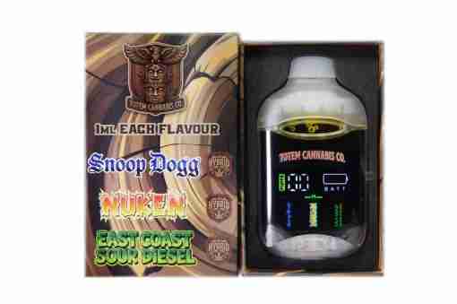 Totem Cannabis Co. Tri Chamber Vape – Snoop Dogg (Indica Dominant Hybrid) + Nuken (Indica Dominant Hybrid) + East Coast Sour Diesel (Sativa Dominant Hybrid) + Fruity Pebbles OG (Hybrid) (3 x 1 Gram)